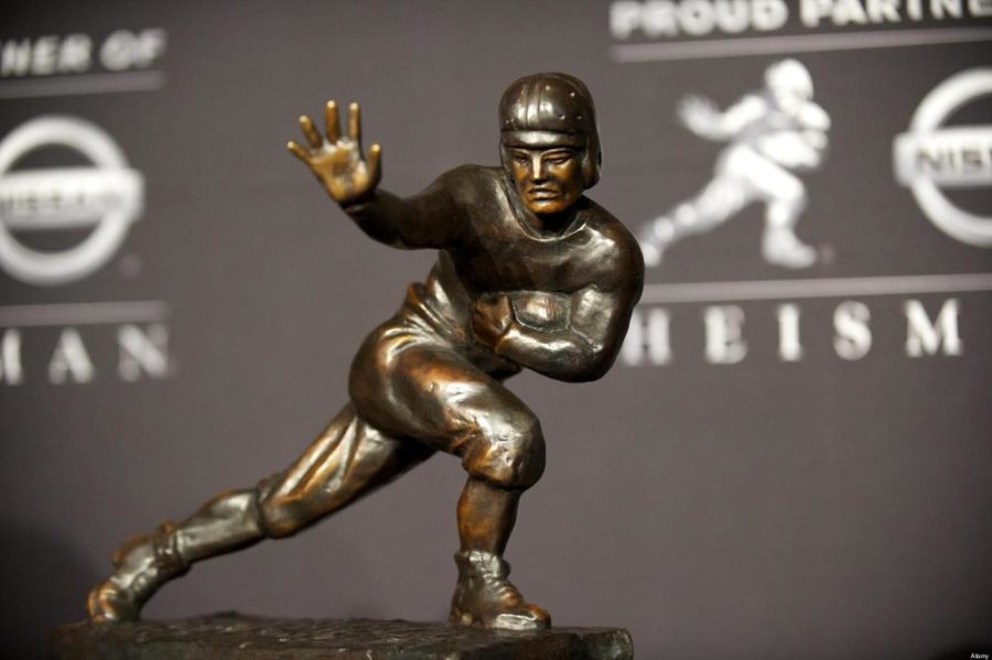 C9EYTW Dec. 10, 2011 - New York, NY, USA - The Heisman Trophy is on display onstage after quarterback Robert Griffin III of Baylor University holds a press conference after winning the award at The New York Marriott Marquis. (Credit Image: © Mark Makela/ZUMAPRESS.com)