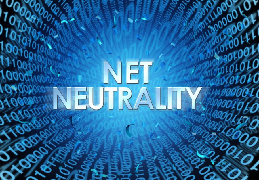 Net neutrality concept as an internet regulation idea with text and binary cade as an online technology metaphor for web freedom as a 3D illustration.